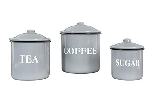 Creative Co-op EC0255 Metal Containers with Lids, Coffee, Tea, Sugar (Set of 3 Sizes/Designs) Food Storage, Grey