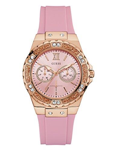 GUESS Women's Stainless Steel + Stain Resistant Silicone Watch with Day + Date Functions (Model: U1053L), Pink/Rose Gold Tone/Pink, NS, LIMELIGHT