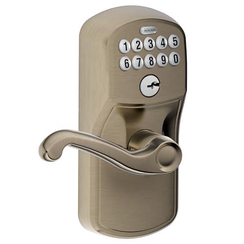 Schlage FE595 PLY 620 FLA Plymouth Keypad Entry with Flex-Lock and Flair Style Levers, Antique Pewter