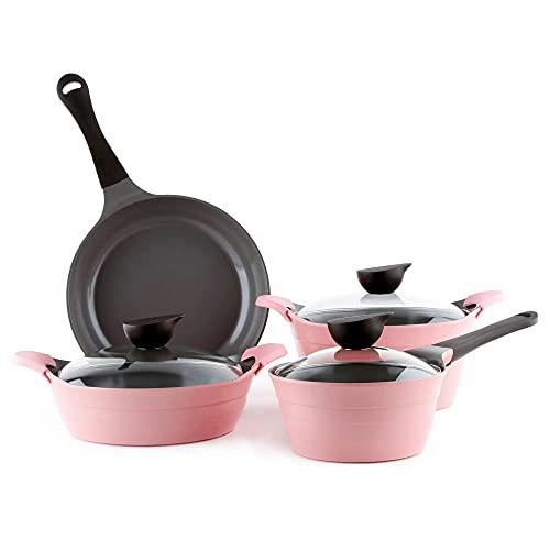 Neoflam Eela 7pc Ceramic Coated Nonstick Cookware Pots&Pan Set with Saucepan, Frying Pan, Casserole Stockpot, Glass Lids, Silicone Hot Handle Holder Included, 7-Piece,Pink