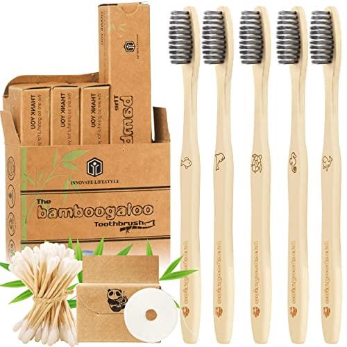 BAMBOOGALOO Organic Bamboo Charcoal Toothbrush - 7 Pack with Wooden Toothbrushes, Cotton Buds & Dental Floss. Premium Natural Wood Tooth Brush with Medium-Soft Bristles. Eco-Friendly, Plastic-Free box