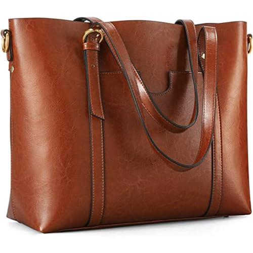 Kattee Genuine Leather Women Tote Bag Soft Handbags Vintage Shoulder Purses Fashion Top Handle Bag Large Capacity, Deep Brown, Medium, Detachable,vintage