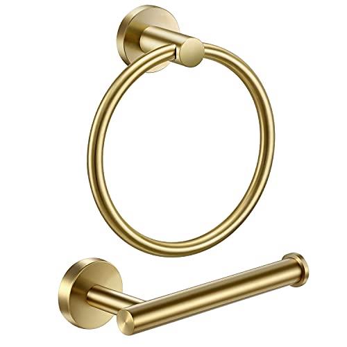 Pynsseu Brushed Gold Bathroom Accessories, SUS 304 Stainless Steel Wall Mount Hand Towel Ring Toilet Paper Roll Holder Hardware Set - 2 Pieces