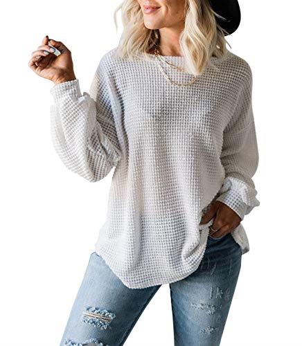 MEROKEETY Women's 2024 Fall Long Balloon Sleeve Waffle Knit Tops Crew Neck Oversized Sweater Pullover, White, Small