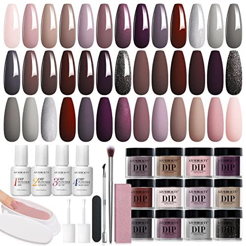 Dip Powder Nail Starter Kit AZUREBEAUTY, Nude Pink Brown Grey Dipping Powder 20 Dark/Light Trend Colors Set Recycling Tray Liquid Top/Base Coat Activator for French Nail Art Manicure Salon 31 PCS