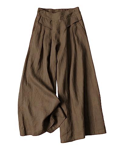 Hooever Women's Cotton Linen Culottes Pants Elastic Waist Wide Leg Palazzo Trousers Capri Pant, Darkkhaki, X-Large