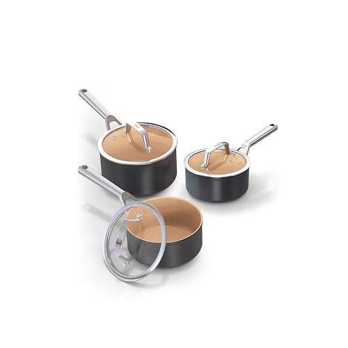 Ninja ExtendedLife 3-Piece Ceramic Saucepan Set, (16, 18 & 20cm Saucepans with Lids), Non-Stick (No PFAs, PFOAs, Lead or Cadmium), Induction Compatible, Oven Safe to 285°C, Terracotta & Grey, CW9300UK