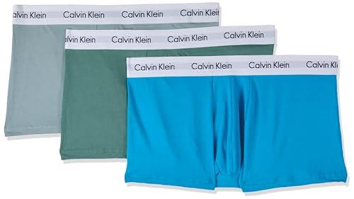 Calvin Klein Men's Cotton Stretch Low Rise Trunk, Vivid Blue/Arona/Sagebush Green with White Waist Bands, Small (Pack of 3)