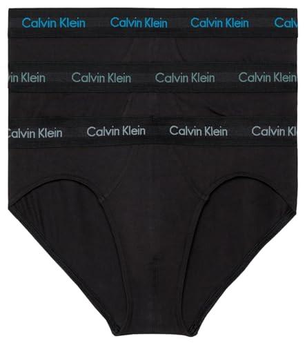 Calvin Klein Men's Cotton Stretch Hip Brief, Black with Vivid Blue/Arona/Sagebush Green Logos Waist Bands, Medium (Pack of 3)