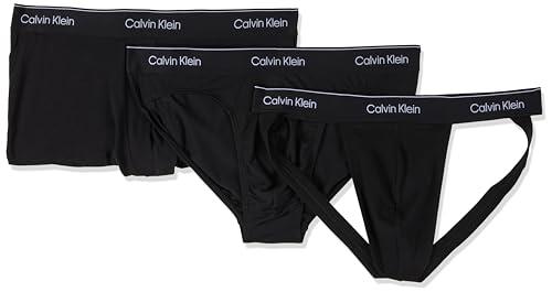 Calvin Klein Men's Modern Cotton Stretch Pride Jock Strap/Low Rise Slip Brief/Low Rise Trunk, Black, Large (Pack of 3)