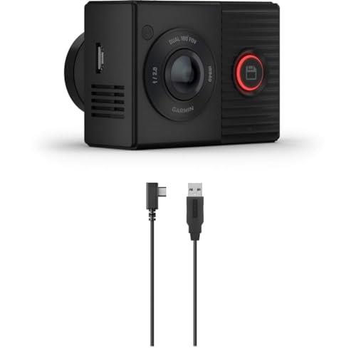 Garmin Dash Cam Tandem, Compact Dual-Lens Dash Camera with Two 180-degree Lenses That Record in Tandem Blackwith Compatible Extra-Long 8m Garmin Power Cable Bundle