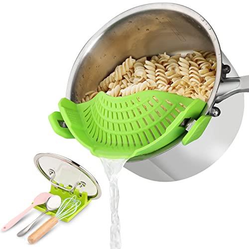Clip on Strainer,Fits Pots Pan Bowls Kitchen Strainer, Silicone Food Strainer,Heat Resistant for Spaghetti Pasta Kitchen Gadgets Comes with Lid Holder
