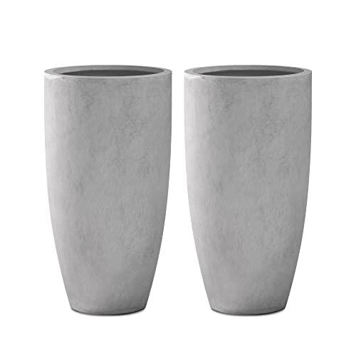Kante 23.6" H Natural Concrete Tall Planters (Set of 2), Large Outdoor Indoor Decorative Plant Pots with Drainage Hole and Rubber Plug, Modern Style for Home and Garden
