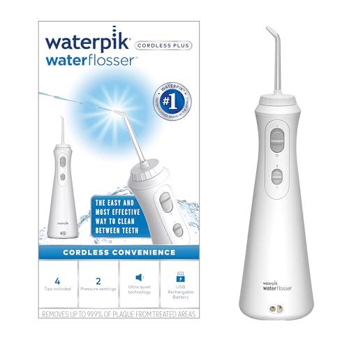 Waterpik Cordless Plus Portable Water Flosser - 2 Pressure Settings - Removes Plaque - Perfect for Travelling - For Healthier Gums - 4x Flosser Tips - Rechargable Battery Operated with USB charger - Ultra quiet design - White