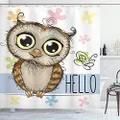 Ambesonne Owls Shower Curtain, Cartoon Owl and a Butterfly on Floral Background Hello Message Illustration, Cloth Fabric Bathroom Decor Set with Hooks, 69" W x 75" L, Rose Cadet Blue Brown
