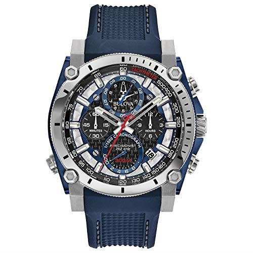 Bulova Men's Icon High Precision Quartz Chronograph Watch, Curved Mineral Crystal, 300m Water Resistant, Continuous Sweeping Secondhand, Luminous Markers, Stainless Steel/Blue Rubber Strap, Blue