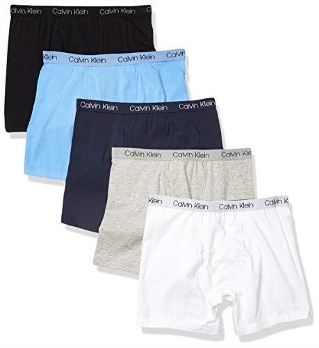 Calvin Klein Little Modern Cotton Boxer Briefs, 5 Pack Breathable Underwear for Boys, Black, Grey, White, Light Blue, Navy, Large