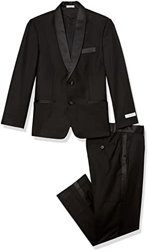 Calvin Klein Boys' 2-Piece Formal Tuxedo Suit Set, Includes Jacket & Dress Pants, Satin Trim Detailing & Functional Pockets, Black, 18