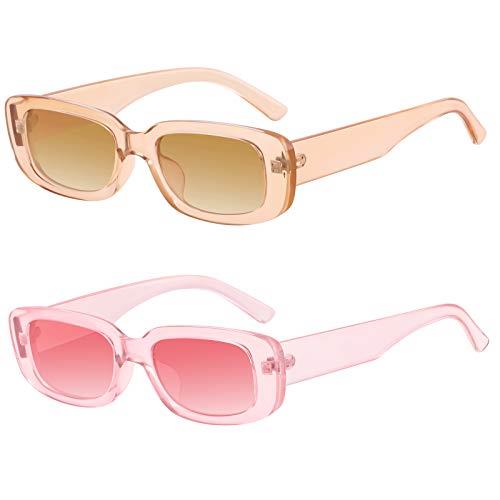 KUGUAOK Retro Rectangle Sunglasses Women and Men Vintage Small Square Sun Glasses UV Protection Glasse, 2 Pack Pink+tea, 2 PACK