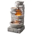Teamson Home 4 Tiered Bowls Floor Stacked Stone Waterfall Fountain with LED Lights, 33-Inch Height, Grey