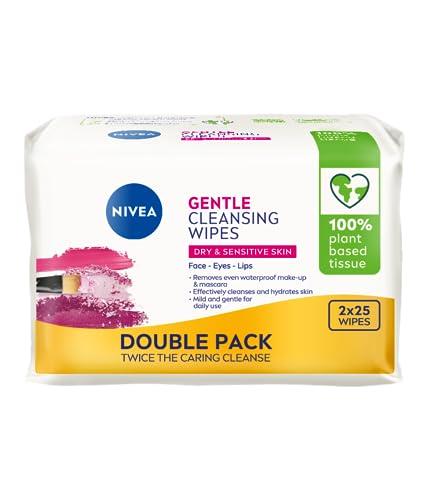 NIVEA Biodegradable Face Wipes for Dry Sensitive Skin (2 x 25 wipes), Biodegradable Wipes Made with 100% Plant-based Tissue, Make-Up Wipes, Face Wipes Makeup Remover with Almond Oil, face cleansing wipes