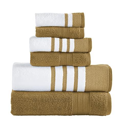 Modern Threads 6 Piece Set, 2 Bath Towels, 2 Hand Towels, 2 Washcloths, Quick Dry White/Contrast Reinhart Mustard