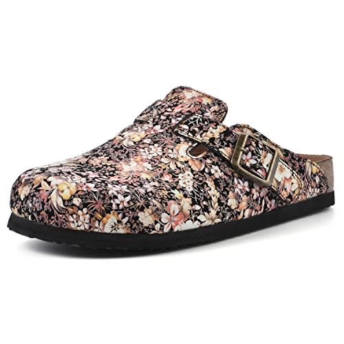 WHITE MOUNTAIN Shoes Bari Leather Footbeds Clog, Black/Multi/Floral Suede, 6
