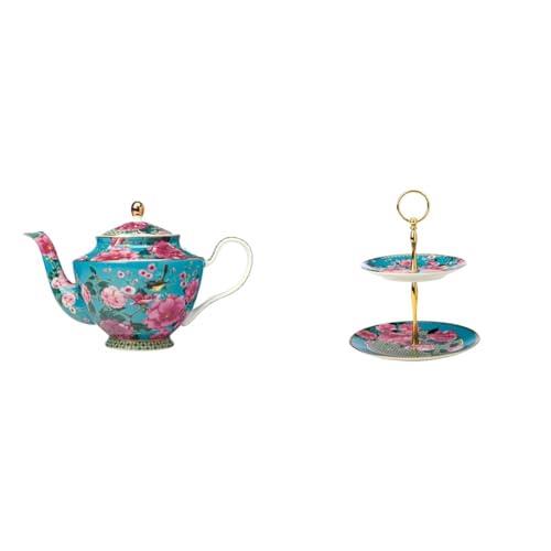Maxwell & Williams Teapot with Infuser 1L Aqua Gift Boxed and Teas & C's Silk Road 2 Tiered Cake Stand Aqua Gift Boxed