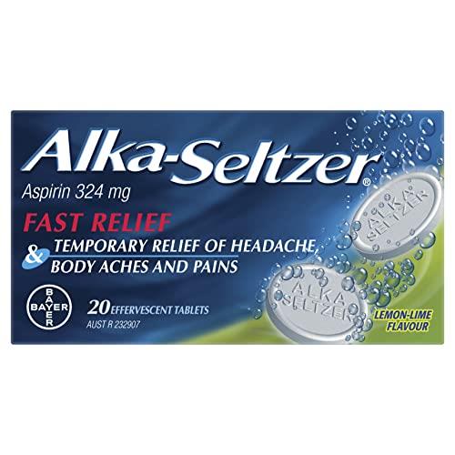 Alka Seltzer Fast Relief Pain Relief Effervescent Tablets with Aspirin, Fast and Effective Pain Reliever for Temporary Body Ache and Headache Relief, Lemon Lime Flavour, 20 Count