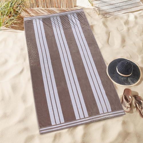 Superior Luxurious 100% Cotton Beach Towels, Oversized 34" x 64", Soft Velour Cotton and Absorbent Cotton Terry, Thick and Plush Striped Beach Towels - Taupe Cabana Stripes