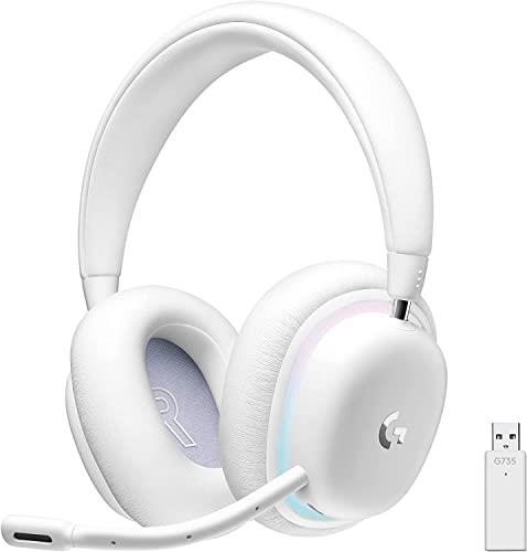 Logitech G735 Wireless Gaming Headset, Customisable LIGHTSYNC RGB Lighting, LIGHTSPEED, Bluetooth, 3.5 MM Aux Compatible with PC, Mobile Devices, Detachable Microphone, White Mist