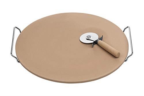 Premier Housewares Pizza Stone and Cutter Set, Stoneware Board/Chrome Stand, 4 x 40 x 38 cm, Natural
