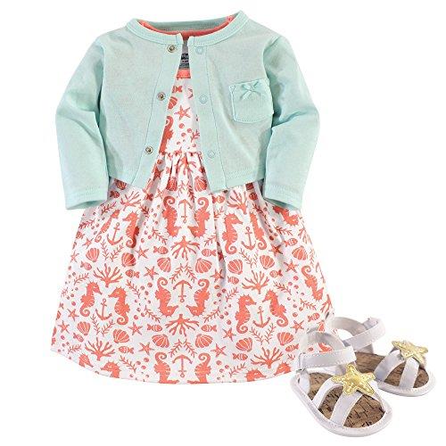 HUDSON BABY Baby Girls' Cotton Dress, Cardigan and Shoe Set, Sea, 6-9 Months