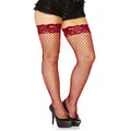 Leg Avenue Women's Industrial Fishnet Thigh Highs with Stay Up Silicone Lace Top, Burgundy, One size