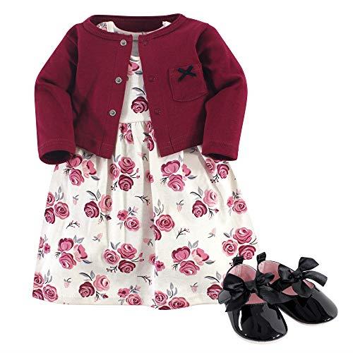 HUDSON BABY Baby Girls' Cotton Dress, Cardigan and Shoe Set, Rose, 6-9 Months