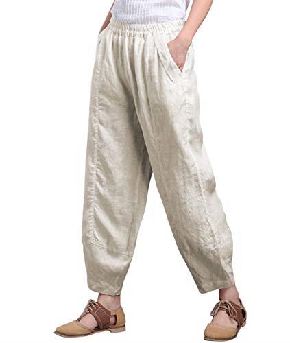 Aeneontrue Women's Cotton Linen Wide Leg Capri Pants Casual Relax Fit Lantern Trousers - Beige - X-Large