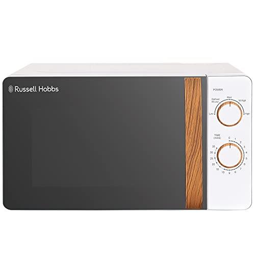 Russell Hobbs RHMM713 17 L 700 W Scandi Compact White Manual Microwave with 5 Power Levels, Wood Effect Handle & Dials, Timer, Defrost Setting, Easy Clean