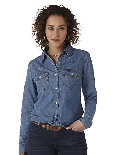Wrangler Women's Retro Long Sleeve Western Denim Snap Shirt, Mid Denim, Medium