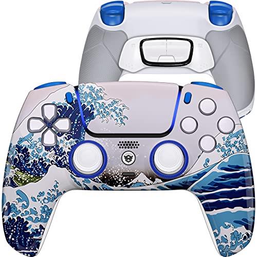 HEXGAMING ULTIMATE Customized Controller Compatible with ps5 Elite Controller with 4 paddles & Interchangeable Thumbsticks & Hair Trigger Black Rubberized Grip Wireless Gaming Gampad - White Wave