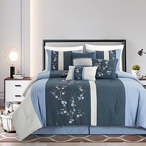 Chezmoi Collection Linnea 7-Piece Luxury Blue Navy Gray Cherry Blossom Floral Embroidery Comforter Set, California King