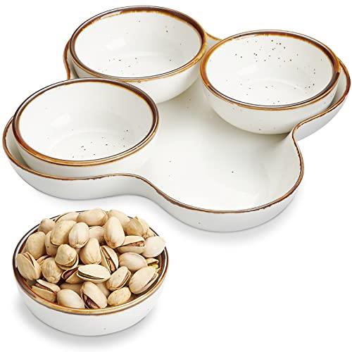 ONEMORE Chip and Dip Serving Set, 10 inch Ceramic Divided Serving Platter Large Appetizer Tray with 4 Removable Dishes for Nuts, Candy, Snacks, Veggies, Creamy White Serving Bowls for Entertaining