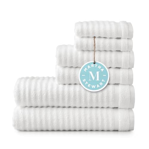 MARTHA STEWART Cotton Bath Towels Set - 6 Piece, 2 Bath Towels - 2 Hand Towels - 2 Washcloths, Quick Dry, Plush, Absorbent Bathroom Towels, Bathroom Essentials, MADE IN GREEN Certified, Textured White