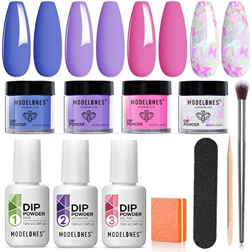 Modelones 4 Colors Dip Powder Nail Starter Kit, Spring Trendy Lilac Purple Blue Pink Butterfly Glitters Dipping Powder Set, French Nail Art Base Top Coat Activator Manicure DIY Salon