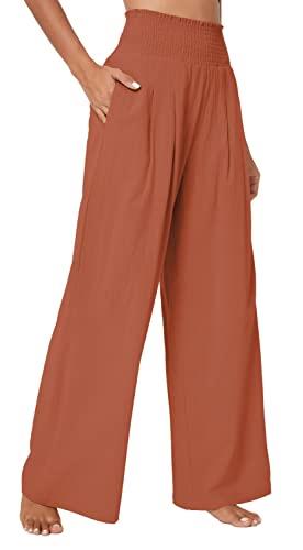 Urban Coco Women's Elastic High Waist Light Weight Loose Casual Wide Leg Trousers Long Pants with Pocket, Caramel, Small
