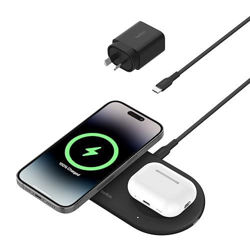 Belkin BoostCharge Pro 2-in-1 Magnetic Wireless Charging Pad with Qi2 15W, Fast Charging iPhone Charger Compatible with iPhone 15 Series, AirPods, and Other Qi2-Enabled Devices - Black