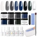 AZUREBEAUTY Dip Powder Nail Kit Starter, Blue Black 8 Colors Acrylic Dipping Powder System Essential Liquid Set with Top/Base Coat Activator Brush Saver for French Nail Art Manicure Beginner DIY Salon