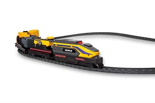CAT Construction Toys, Little Machines Power Tracks Battery Operated Train Set, Engine with Working Headlight, 3 Rail Cars, Working Crane, 2 Magnetic Cargo Containers, and 2 CAT Trucks for Kids