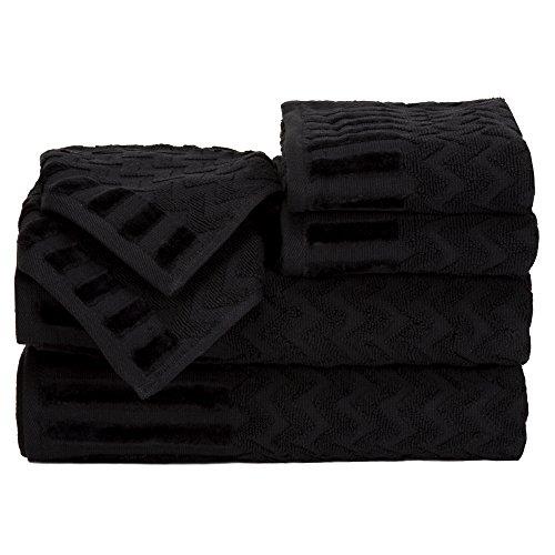 Lavish Home 6-Piece Cotton Deluxe Plush Bath Towel Set – Chevron Patterned Plush Sculpted Spa Luxury Decorative Body, Hand and Face Towels (Black), 27"x54"x0.25"