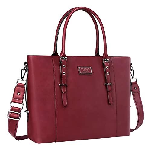 MOSISO PU Leather Laptop Tote Bag for Women (15-16 inch), Wine Red