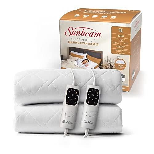 Sunbeam Sleep Perfect Quilted Electric Blanket King | Fully Fitted Quilted Cotton Top Layer, Antibacterial, Washable, Auto-Off Timer, Overheat Protection, Dual Controls BLQ6471